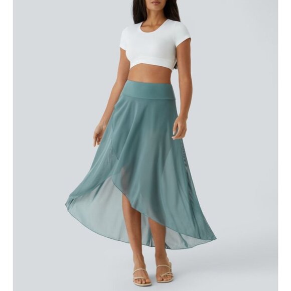 Halara High Waisted High Low Ruffle 2-in-1 Pocket Flare Mesh Maxi Skirt Sz XL Bl - Picture 2 of 11